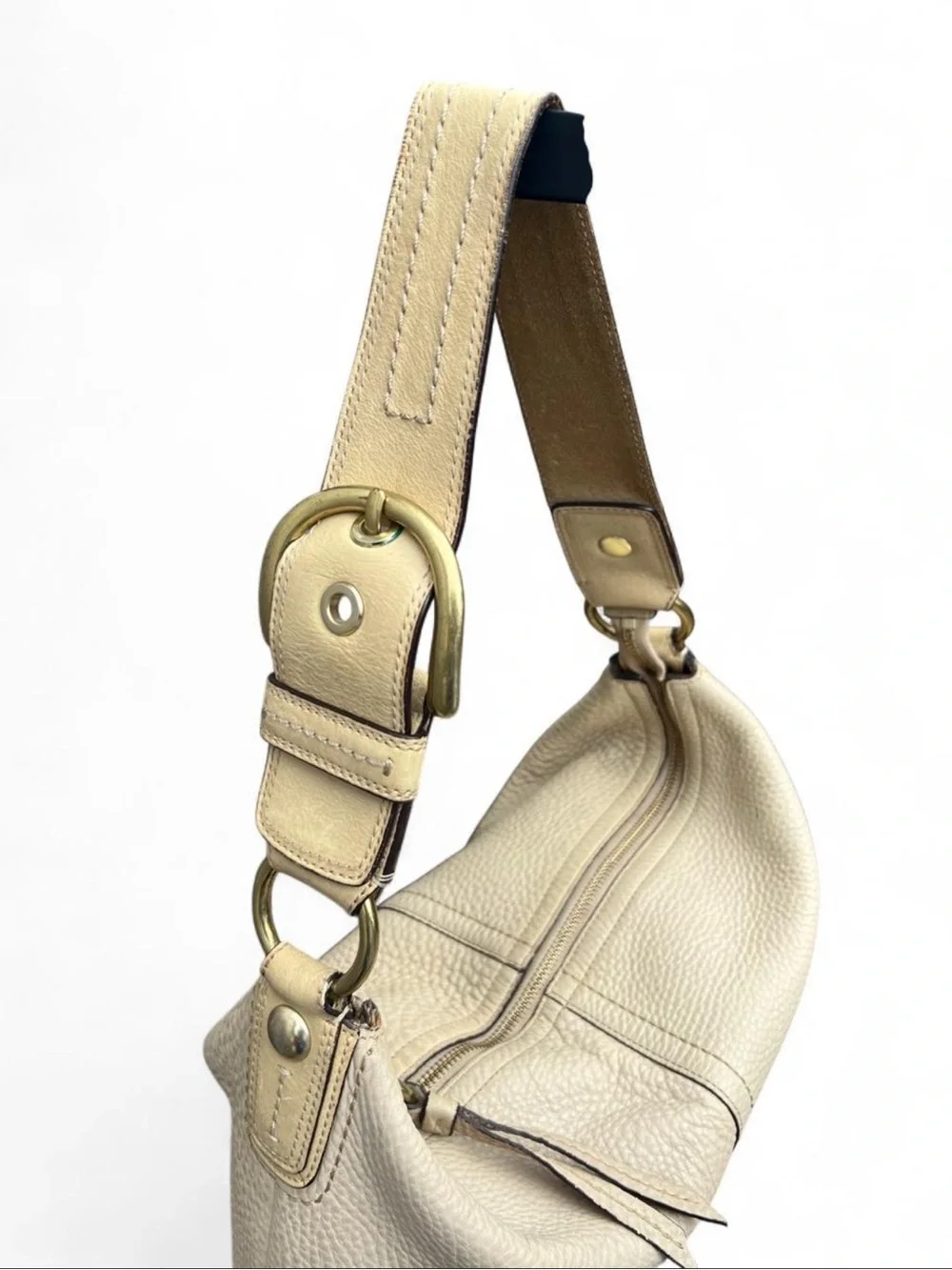 Vintage Coach Cream Leather Hobo Bag with Buckle Charm and Gold Hardware